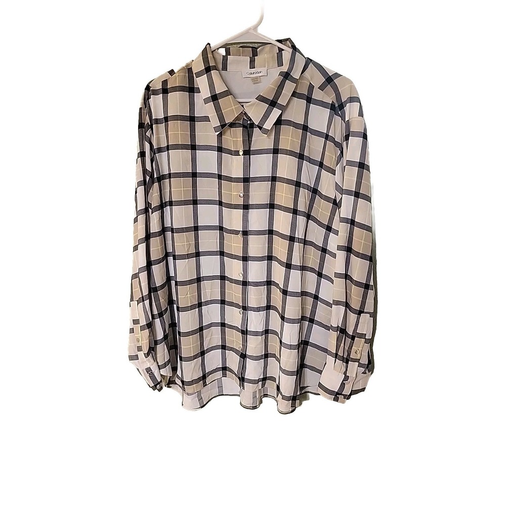 Calvin Klein Shirt Womens 2XL Long Sleeve Button Up Window Pane Print